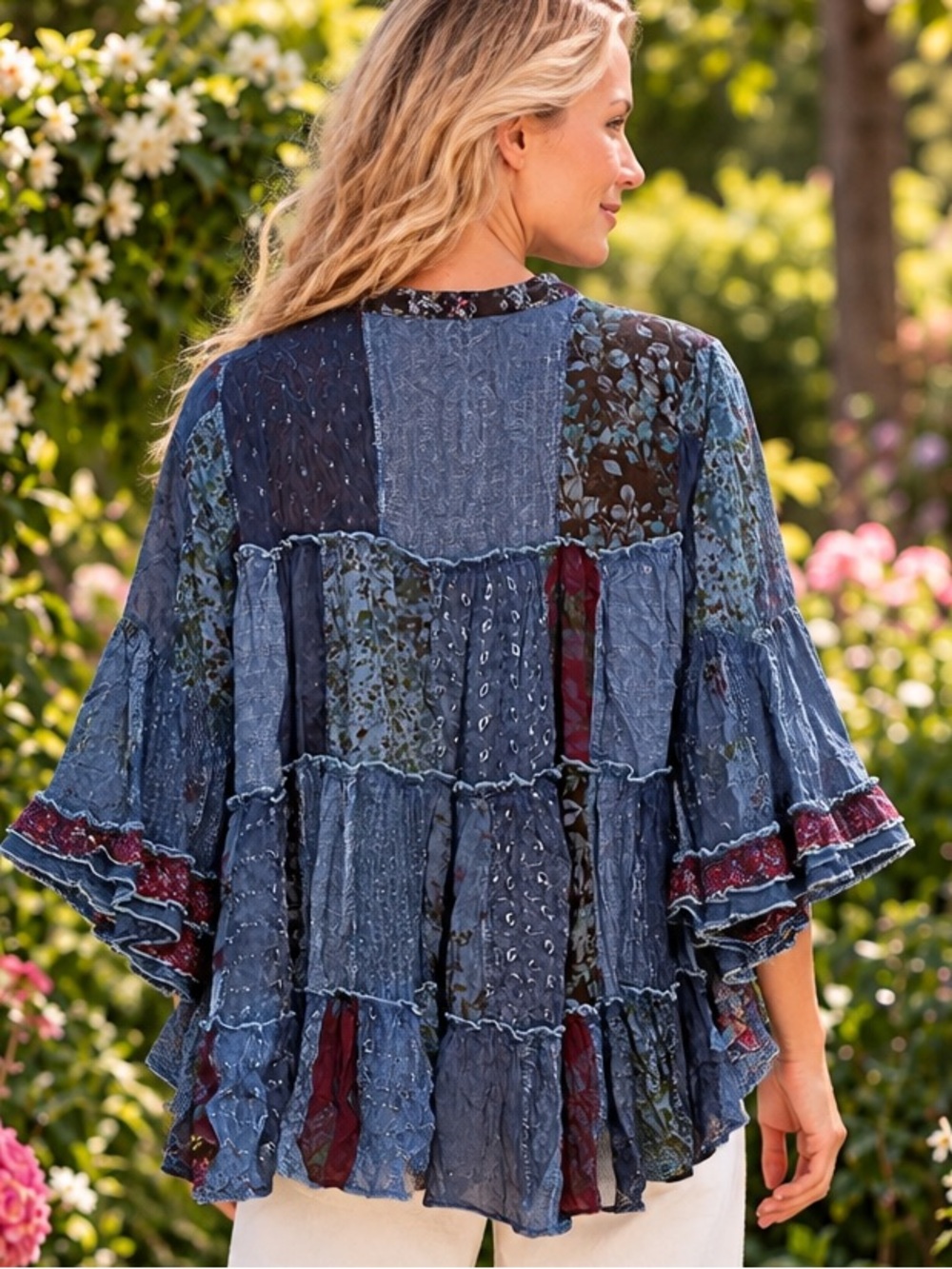 Young Threads Blue Patchwork Boho Ruffle Top – Large - Picture 2 of 4